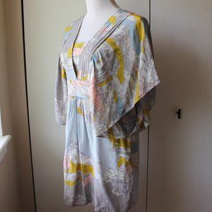 Twinkle by Wenlan Anthropologie Silk Dress Size 2 Abstract Pastel Kimono Sleeves